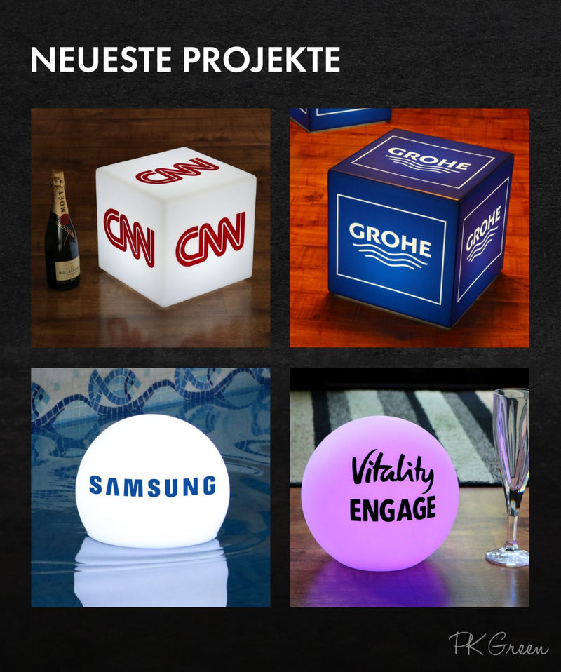 Werbe-Display hintergrundbeleuchtet, Würfel mit Markenlogo, Leuchtreklame mit Personalisierung