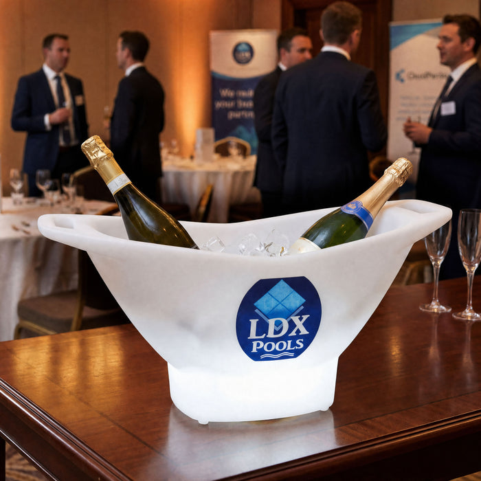 Leuchtkasten, auf Kundenwunsch personalisiert, LED Eiskübel Sekt-/Wein-Kühler, individuelles Logo